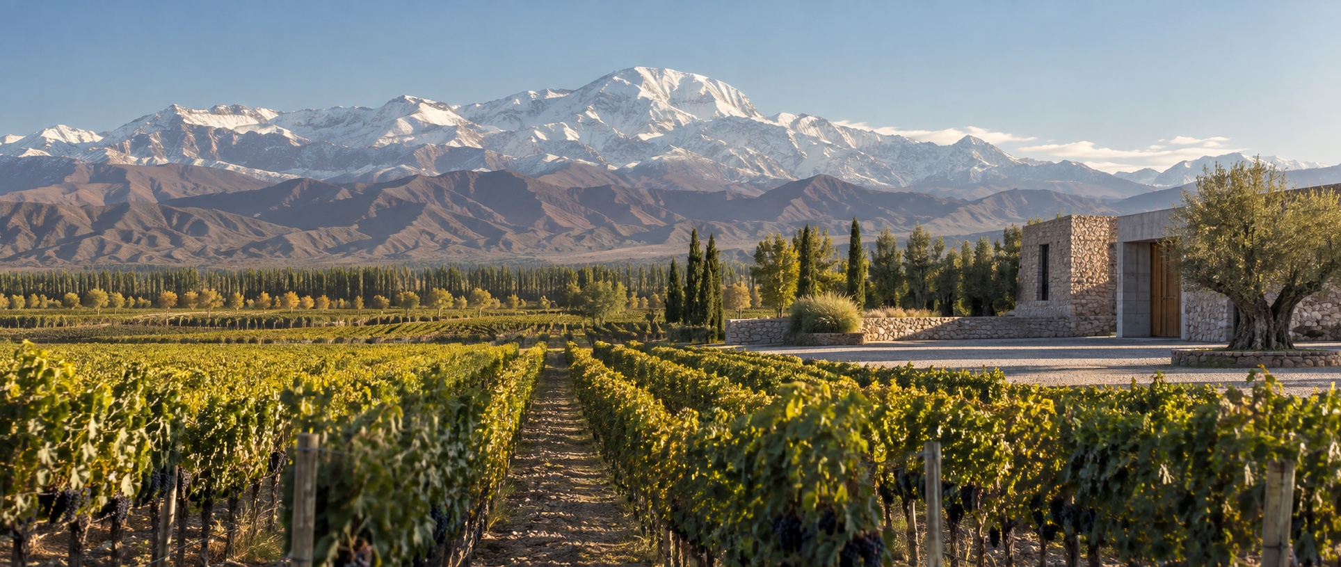Mendoza vineyard beneath Aconcagua and the Andes